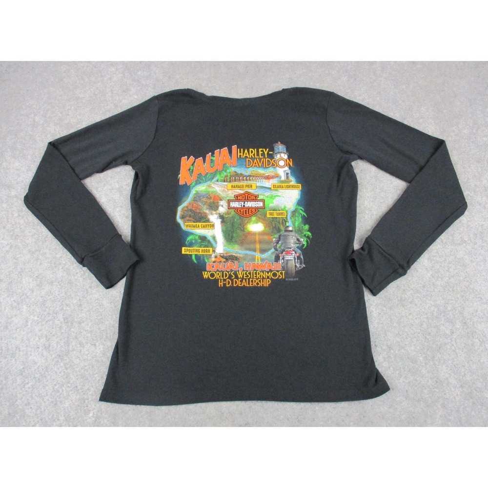 Harley Davidson Shirt Womens Medium Black Kauai Hawaii V Neck Long Sleeve Top